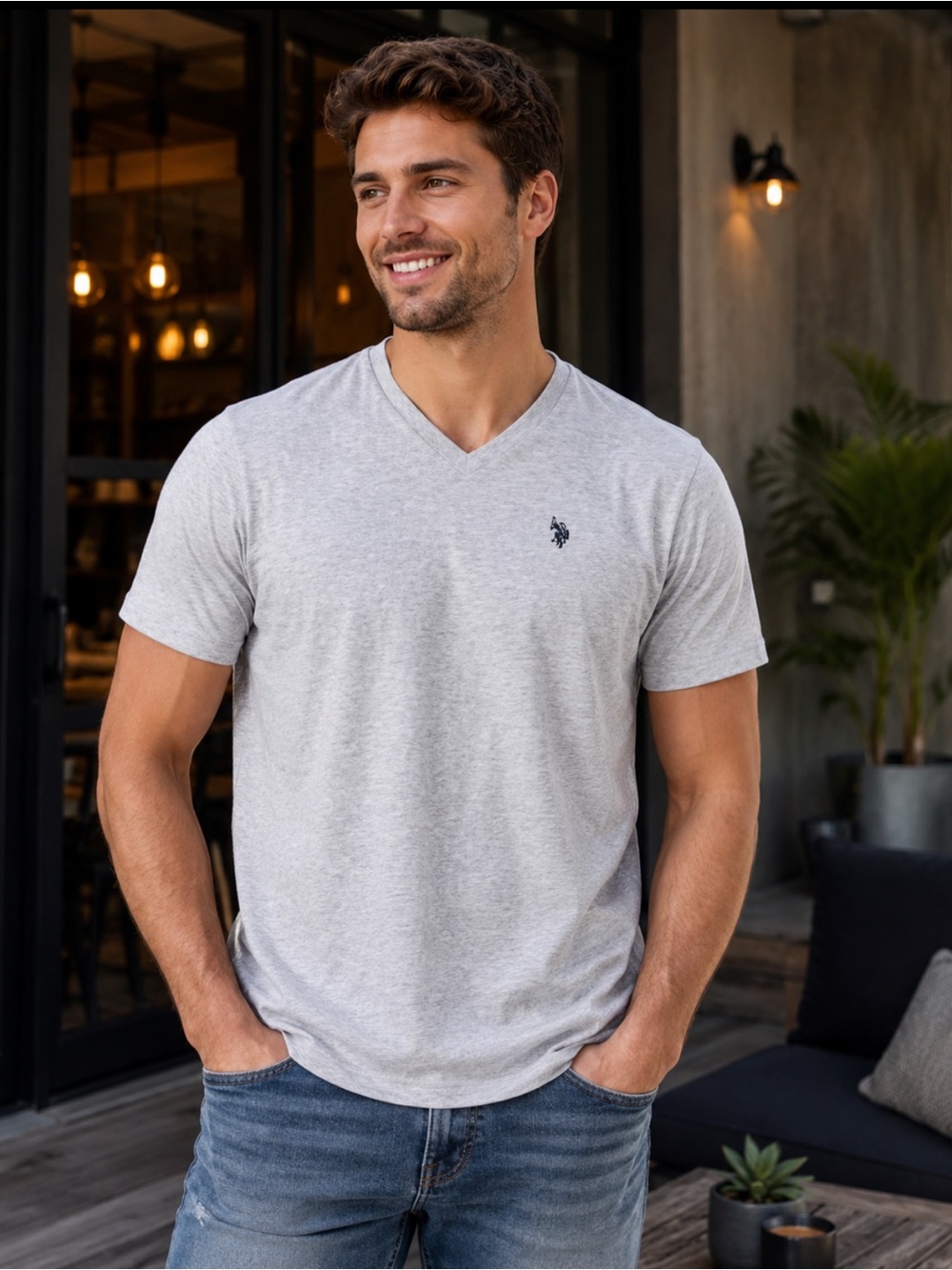 U.S. Polo Assn. Men's V-Neck Short Sleeve Tee - Heather Gray with Navy Logo